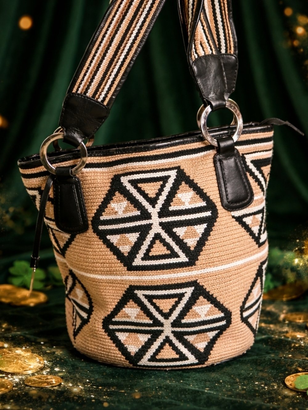 MARRUCOS Genuine Leather & Woven Tribal Bag – Boho Geometric Design, 11” Height